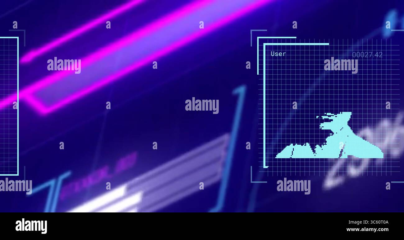 Displaying teal grid panel projecting numeric readout and silhouette on control panel, copy space Stock Photo