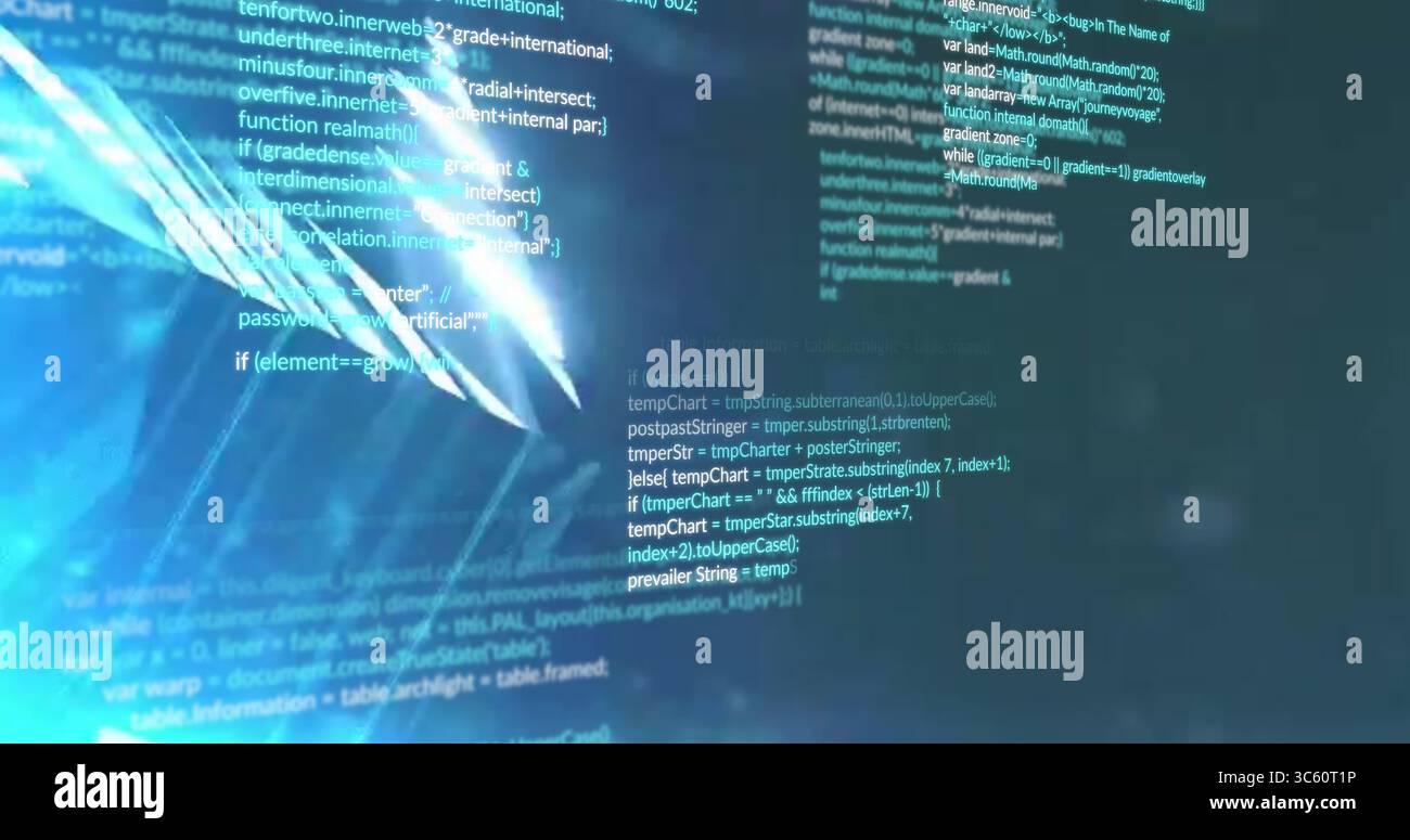 Displaying glowing JavaScript code lines on digital code editor screen, with abstract light streaks Stock Photo
