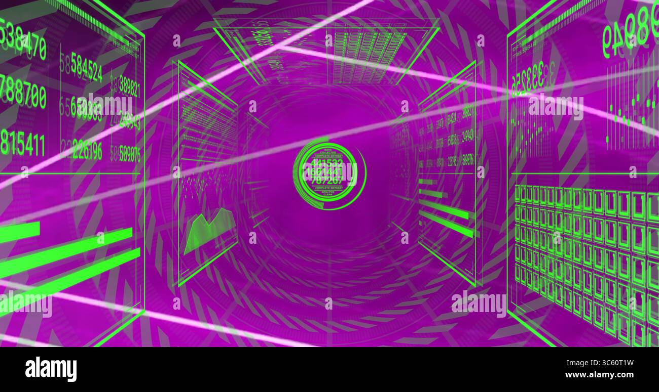 Rotating circular interface highlighting numeric readouts in purple tunnel, with green data panels Stock Photo