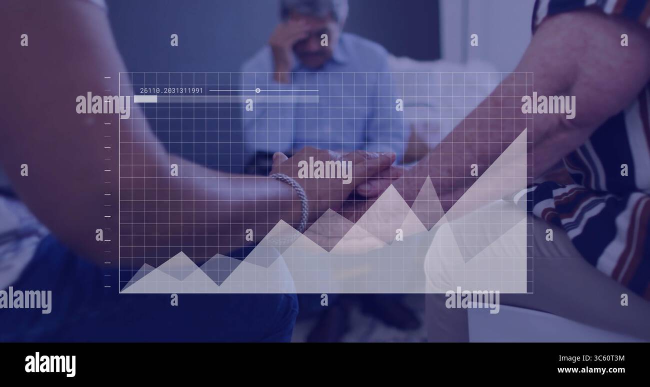 Holding hands three senior adults sharing bond in meeting room with line graph overlay Stock Photo