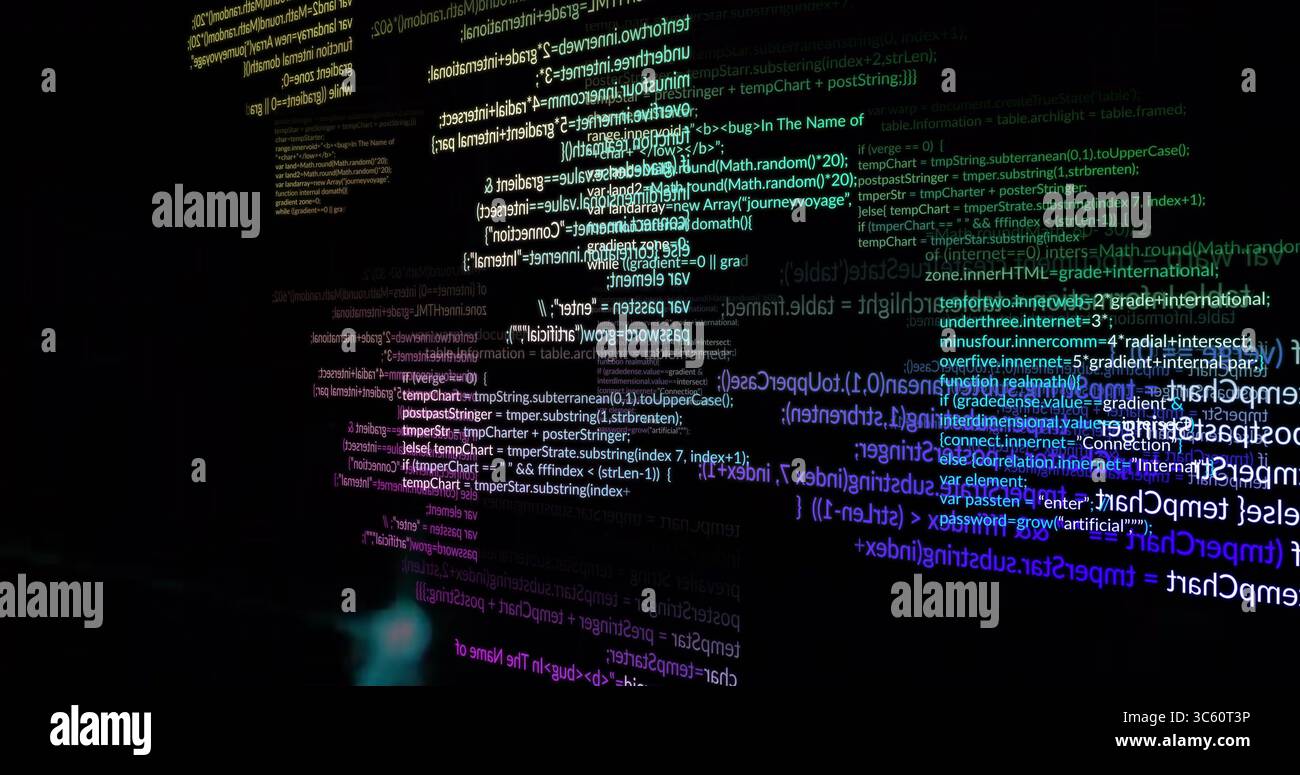 Displaying code snippets and terminal text glowing in virtual console with JavaScript syntax Stock Photo
