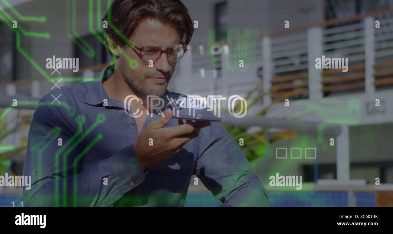 Speaking man with glasses and blue shirt on outdoor terrace, with smartphone and crypto graphics Stock Photo