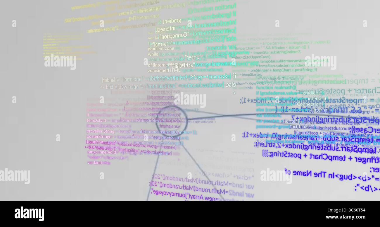 Displaying node radially linking code blocks on gray canvas, with yellow green purple blue blocks Stock Photo