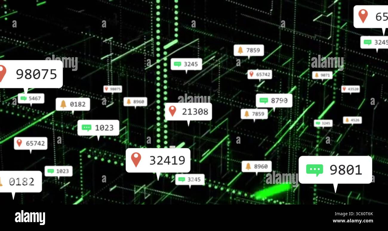 Floating white pin icon labeled 32419 moving in 3D network with chat ...