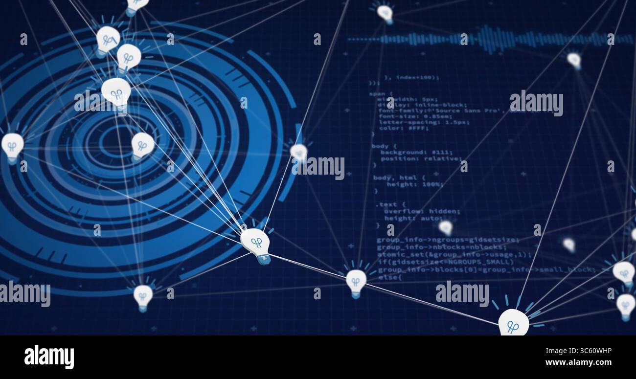 Displaying lightbulb node icons around concentric interface on dark ...