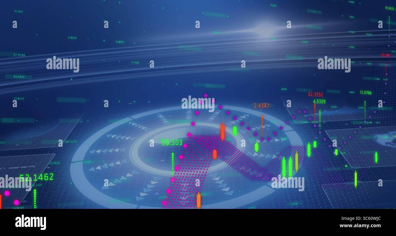 Displaying holographic platform in dark hub, with candlestick bars, numeric data and dot clusters Stock Photo