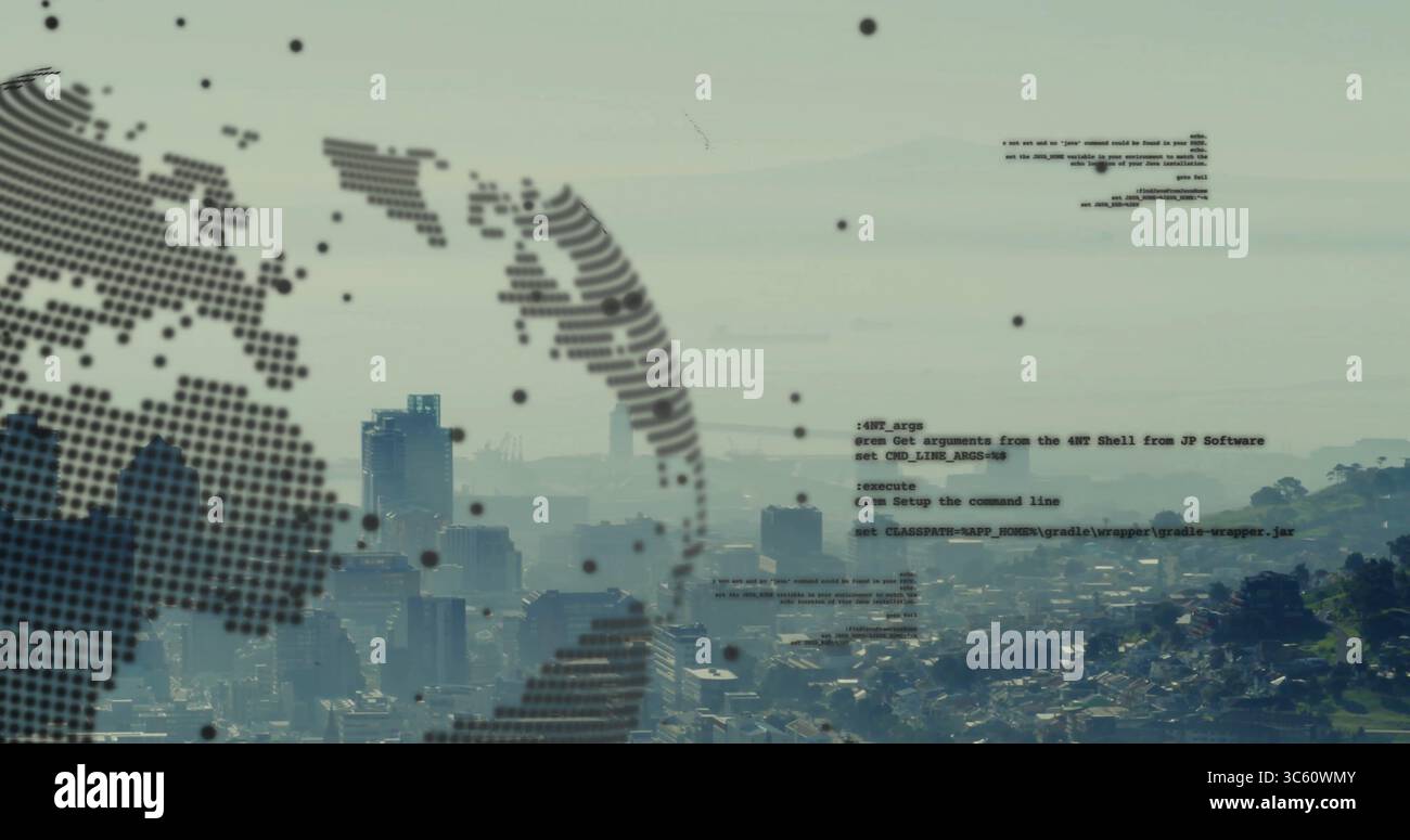 Overlaying dotted globe hovering over urban skyline from hilltop, with floating code snippets Stock Photo