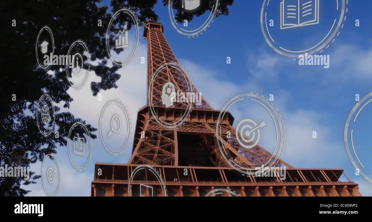 Rising iconic Eiffel Tower displaying digital overlay icons beside dark ...