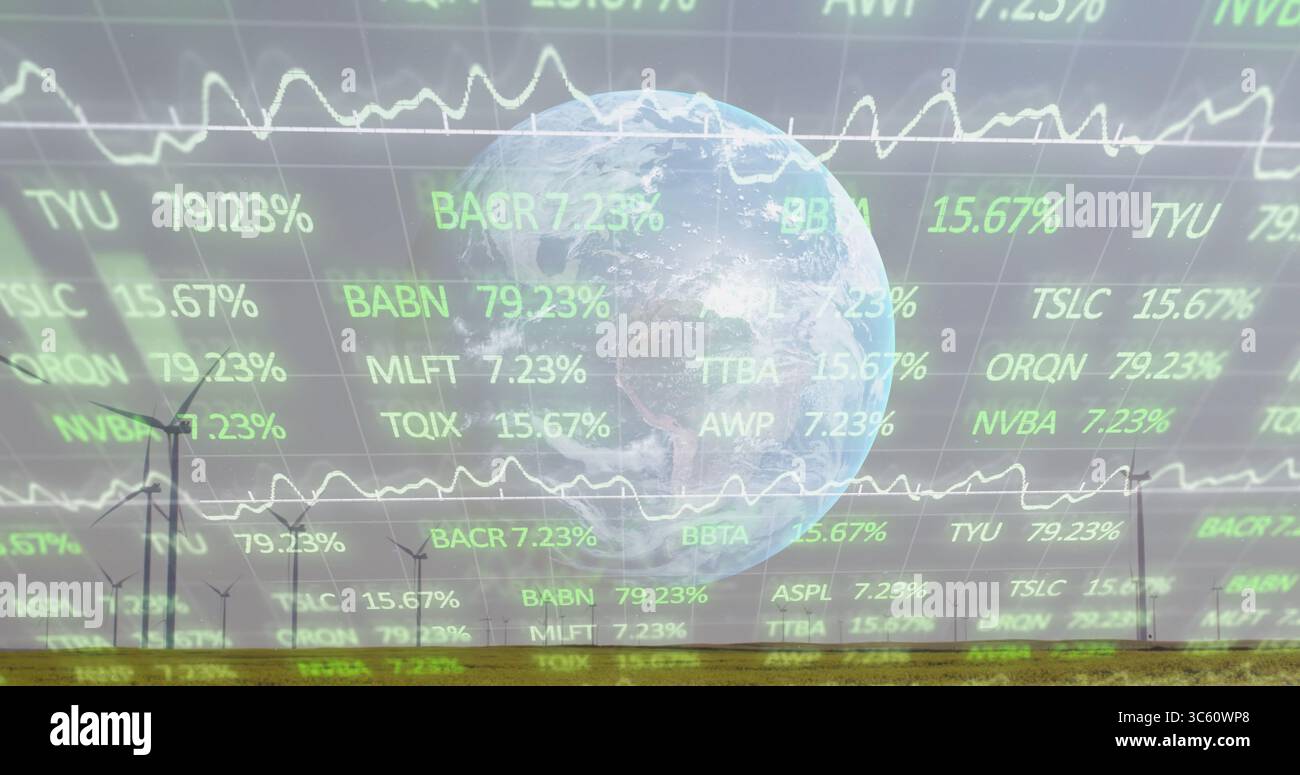 Displaying translucent Earth globe hovering over grassy wind farm plain, with stock data overlays Stock Photo