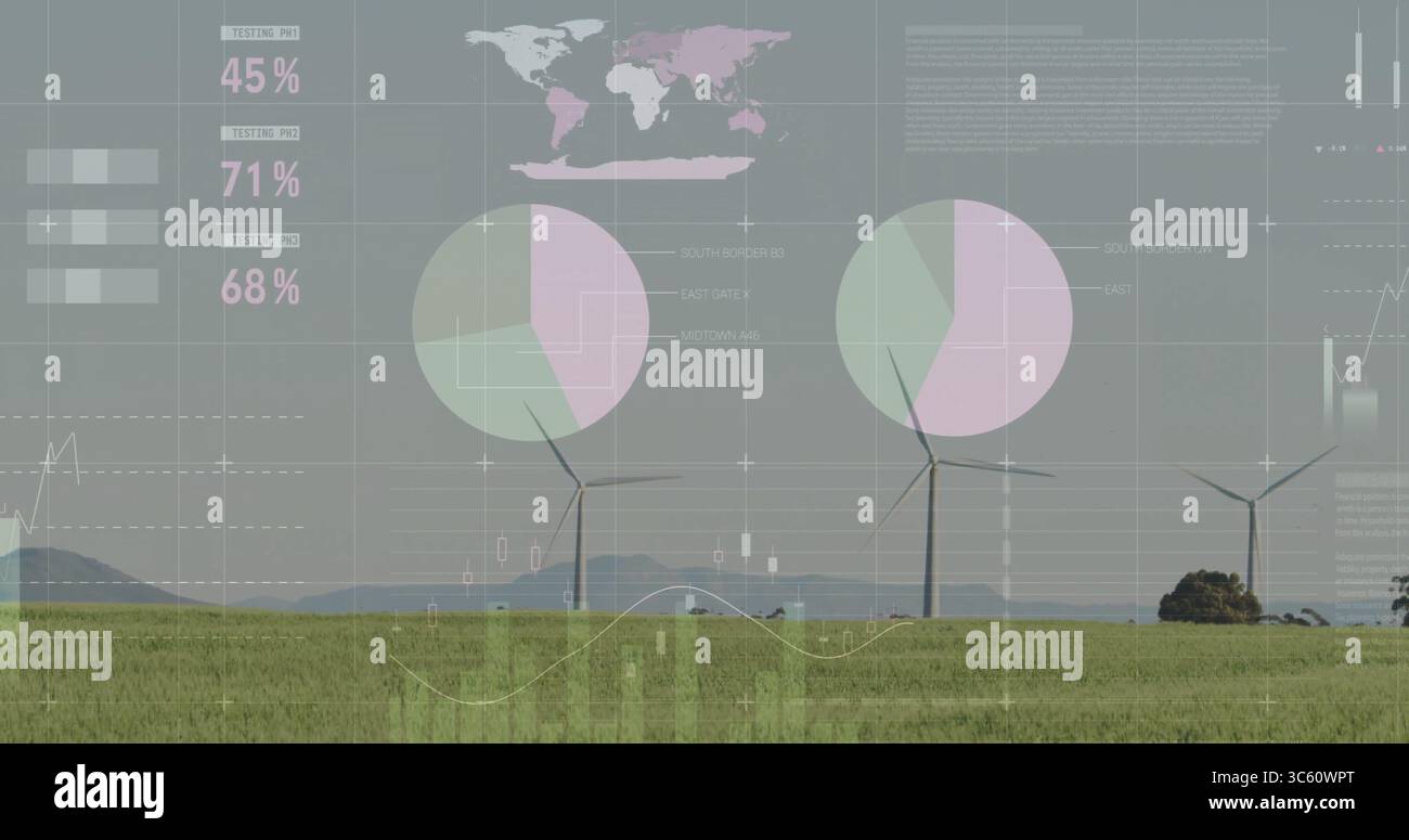 Displaying three wind turbine towers rising over field, with ...