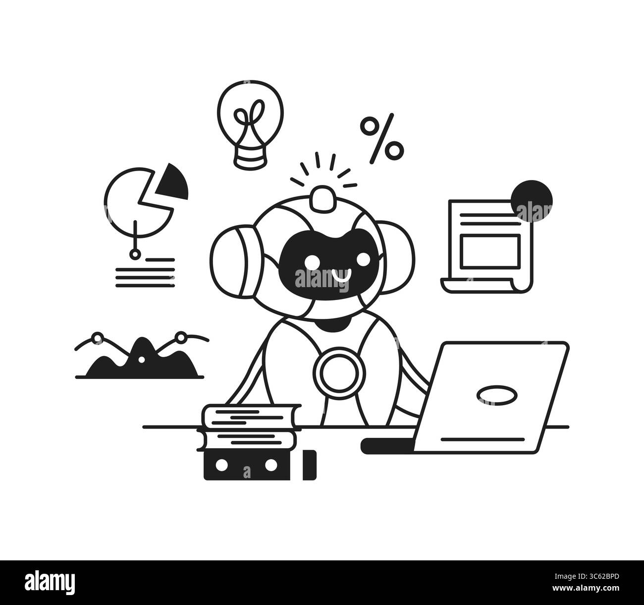 Illustration of a smiling artificial intelligence engaging with data on a laptop. Monochrome style with icons like charts and lightbulbs. Represents t Stock Vector