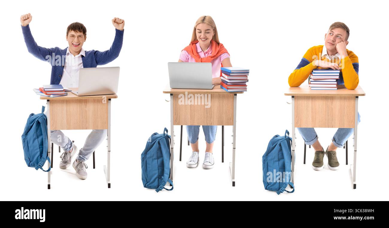 Set of students sitting at desks on white background Stock Photo - Alamy