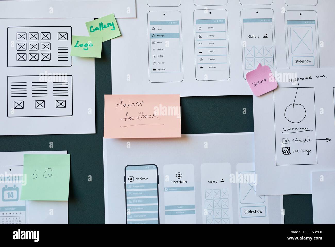 Mobile app wireframes and handwritten sticky notes covering wall, showing user interface design process with sketches, feedback notes, and layout planning for digital project Stock Photo