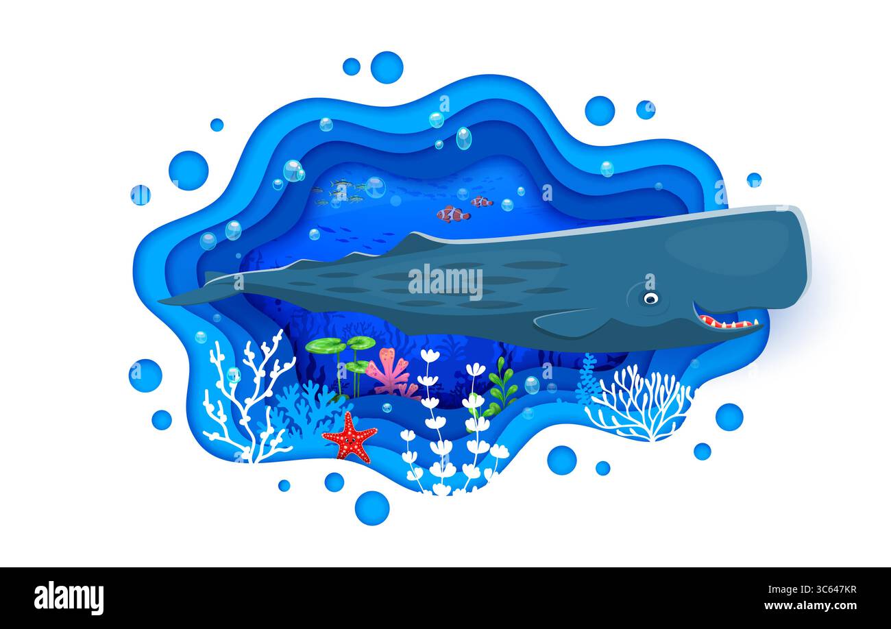 Paper cut underwater landscape with funny sperm whale and sea fishes ...