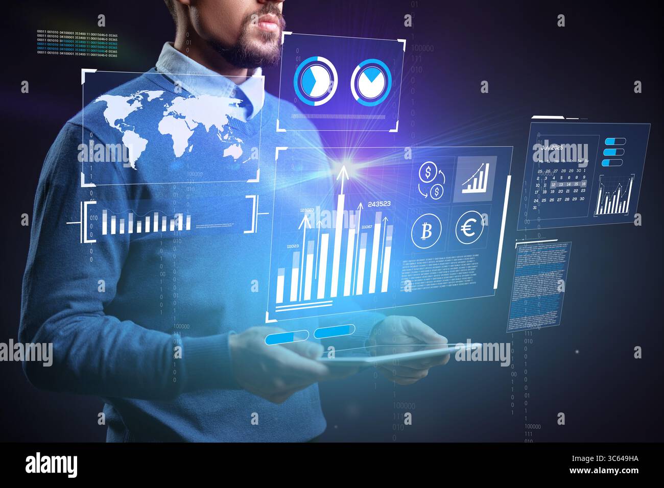 Professional analyzing data on a digital tablet with futuristic interface elements and global information Stock Photo