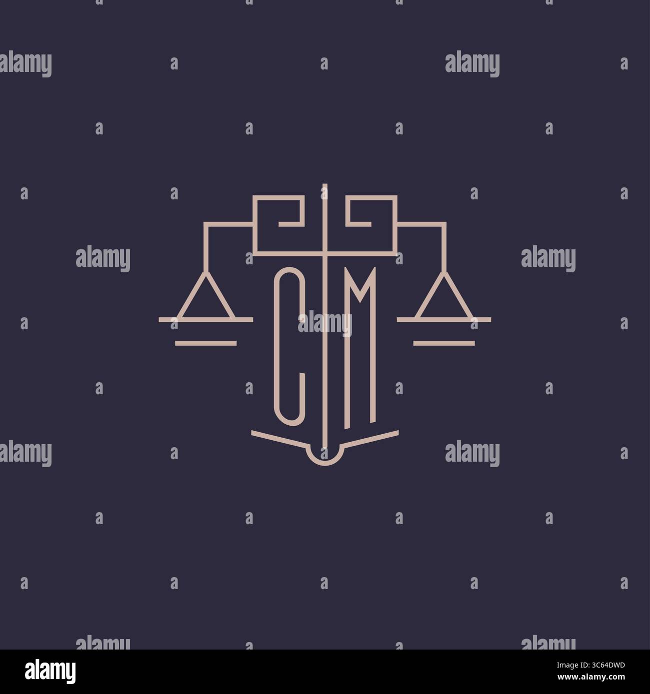 Initial letter CM logo with scale of justice luxury geometric design style vector graphic Stock Vector