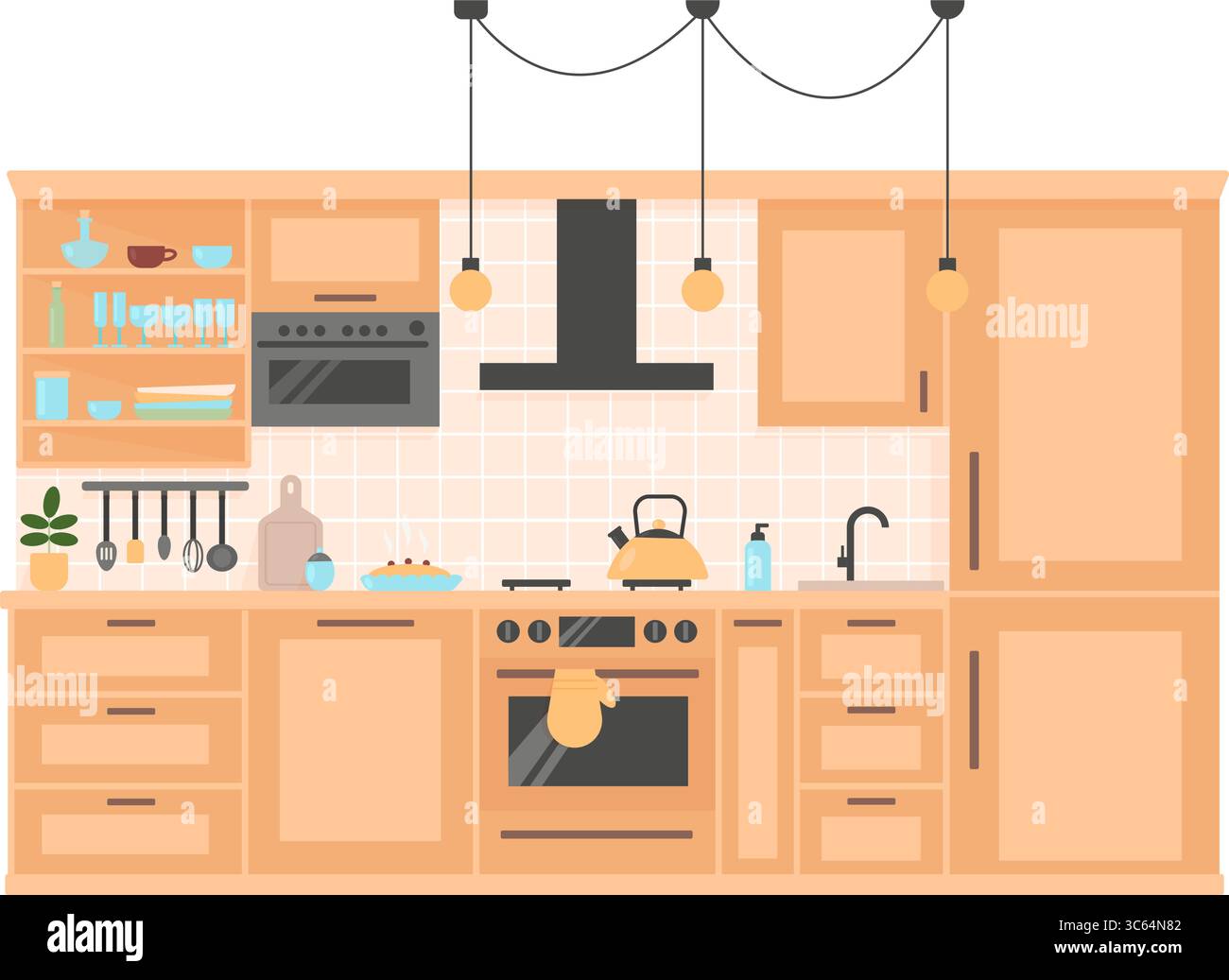 Simple kitchen interior. Cartoon cookware and household. Modern decor. Flat  vector illustration on white Stock Vector Image \u0026 Art - Alamy, image size:1300x1037