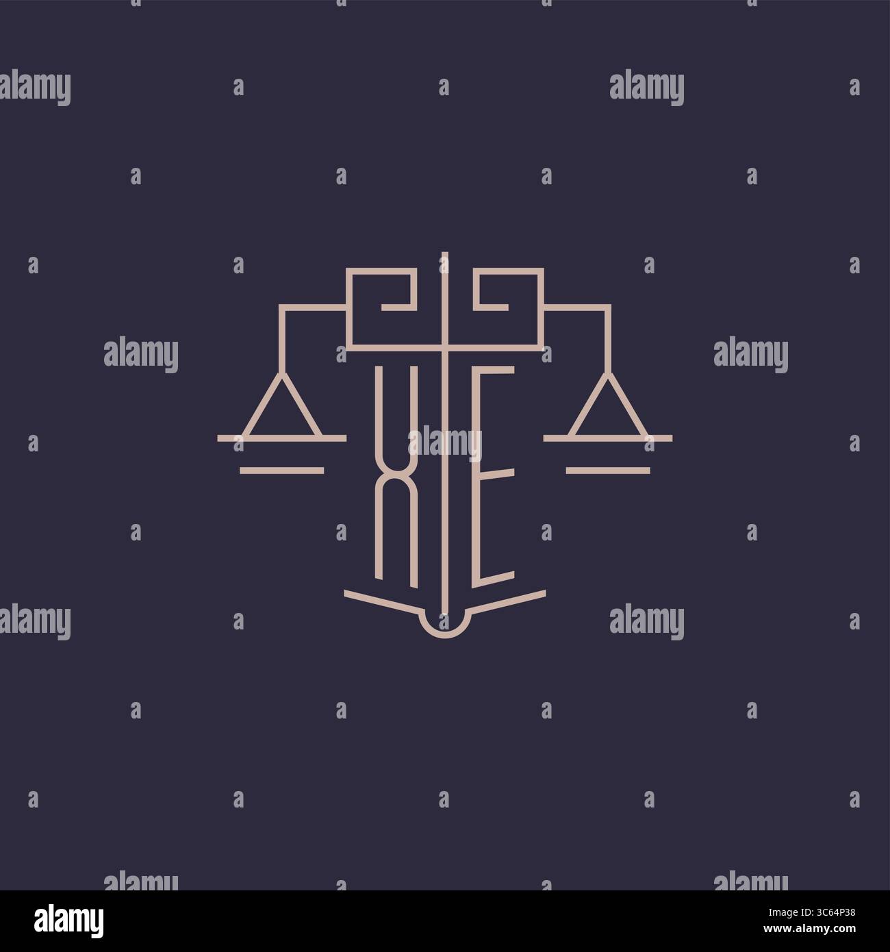 Initial letter XE logo with scale of justice luxury geometric design style vector graphic Stock Vector