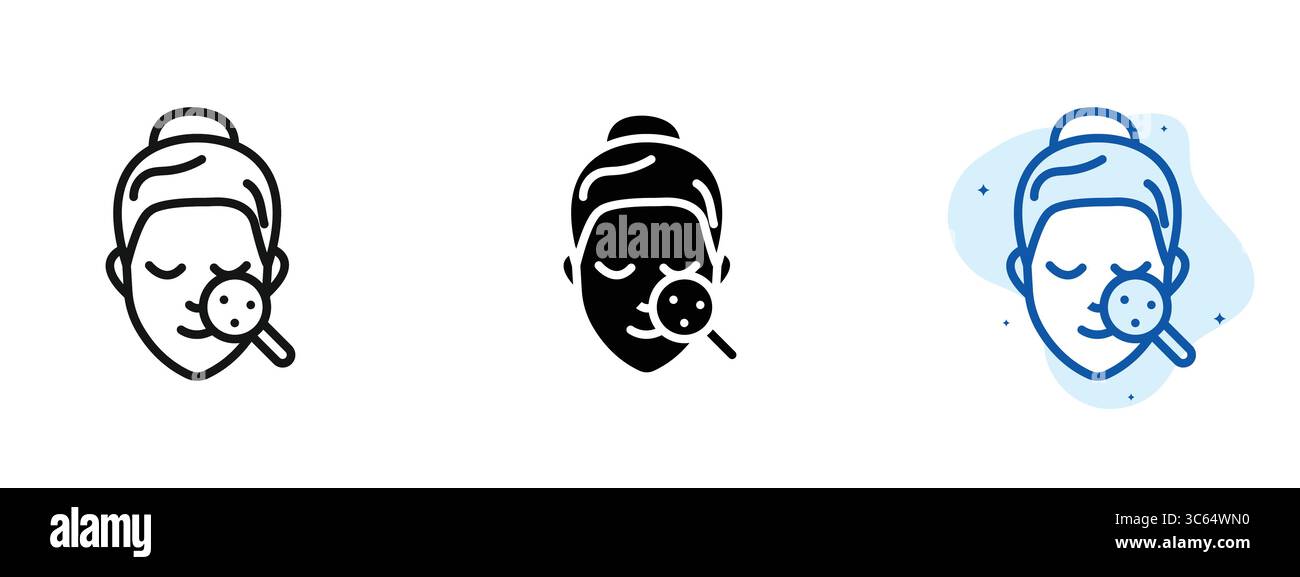 A woman with a magnifying glass on her face. The image is in black and white and has a blue background. Vector Icon Stock Vector