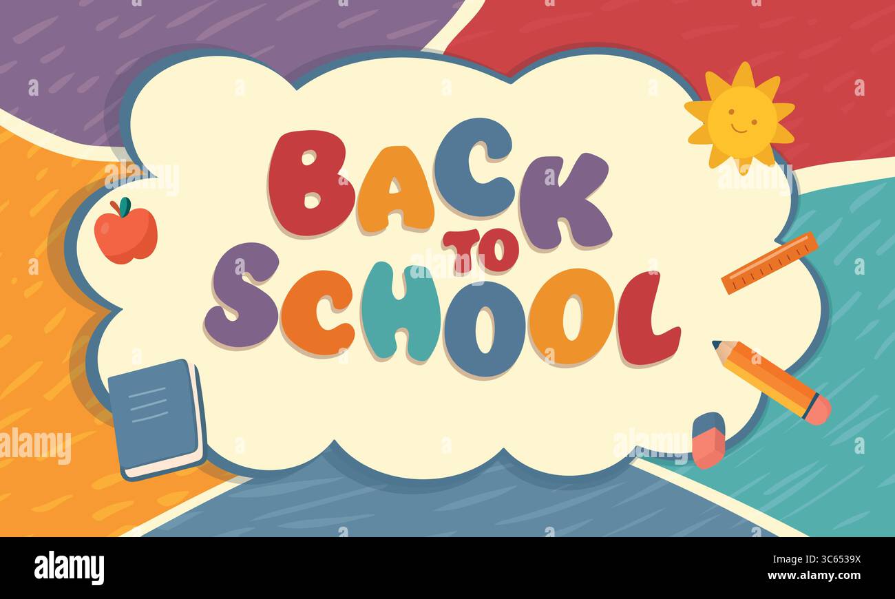 Colorful back to school illustration with playful text and school ...