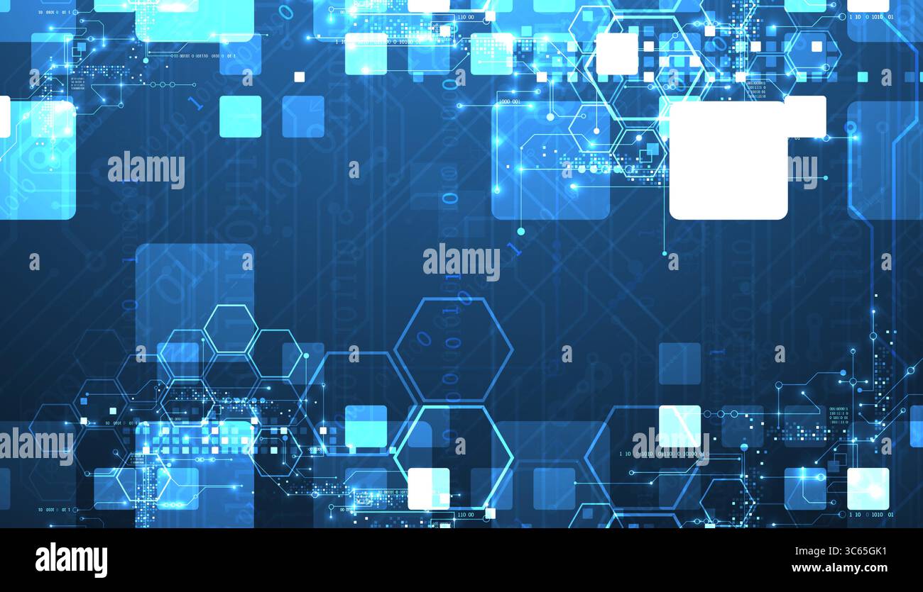 A technical background using technological lines, squares, and hexagons combined into an art composition. Vector Stock Vector