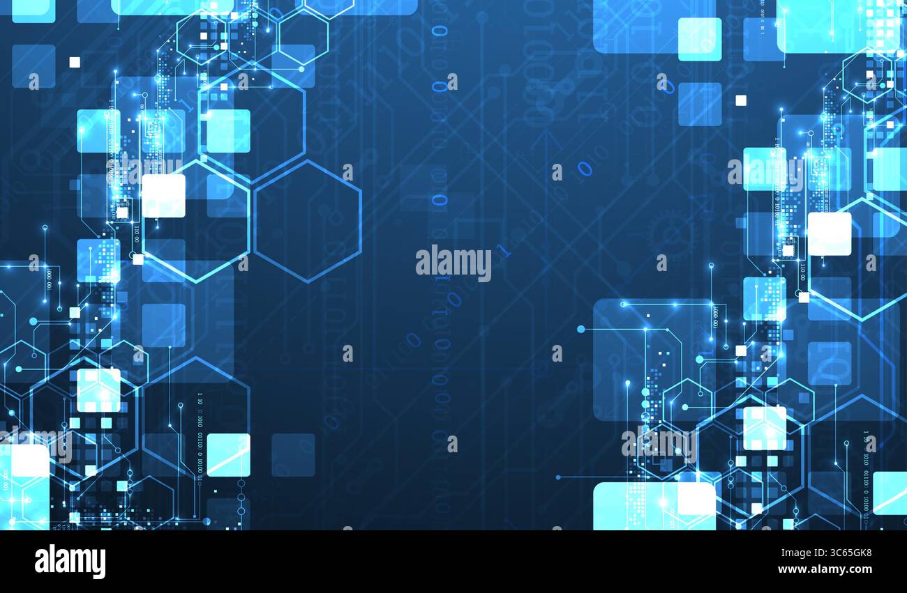 A technical background using technological lines, squares, and hexagons combined into an art composition. Vector Stock Vector