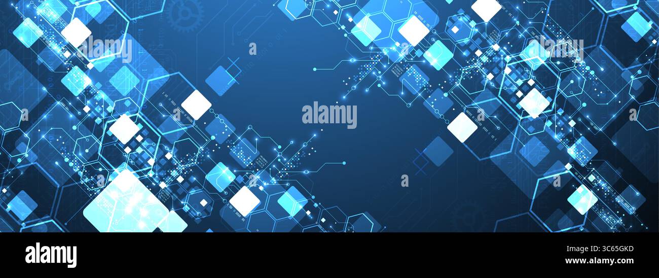A technical background using technological lines, squares, and hexagons combined into an art composition. Vector Stock Vector