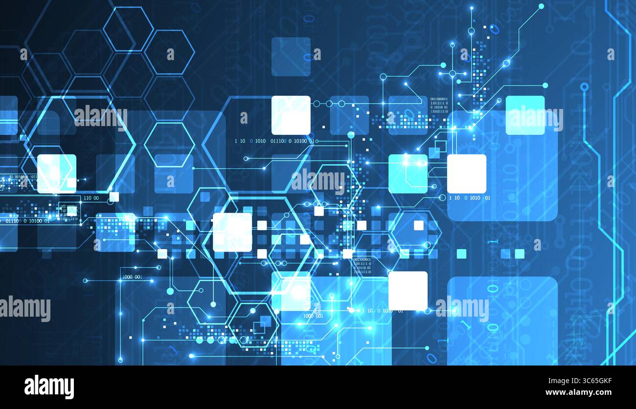 A technical background using technological lines, squares, and hexagons combined into an art composition. Vector Stock Vector