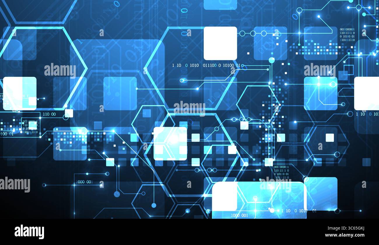 A technical background using technological lines, squares, and hexagons combined into an art composition. Vector Stock Vector