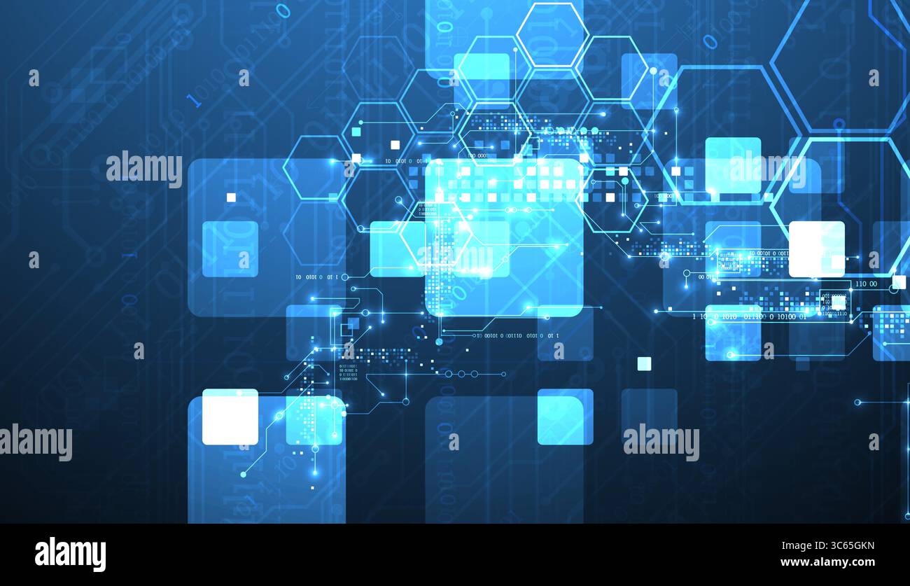 A technical background using technological lines, squares, and hexagons combined into an art composition. Vector Stock Vector