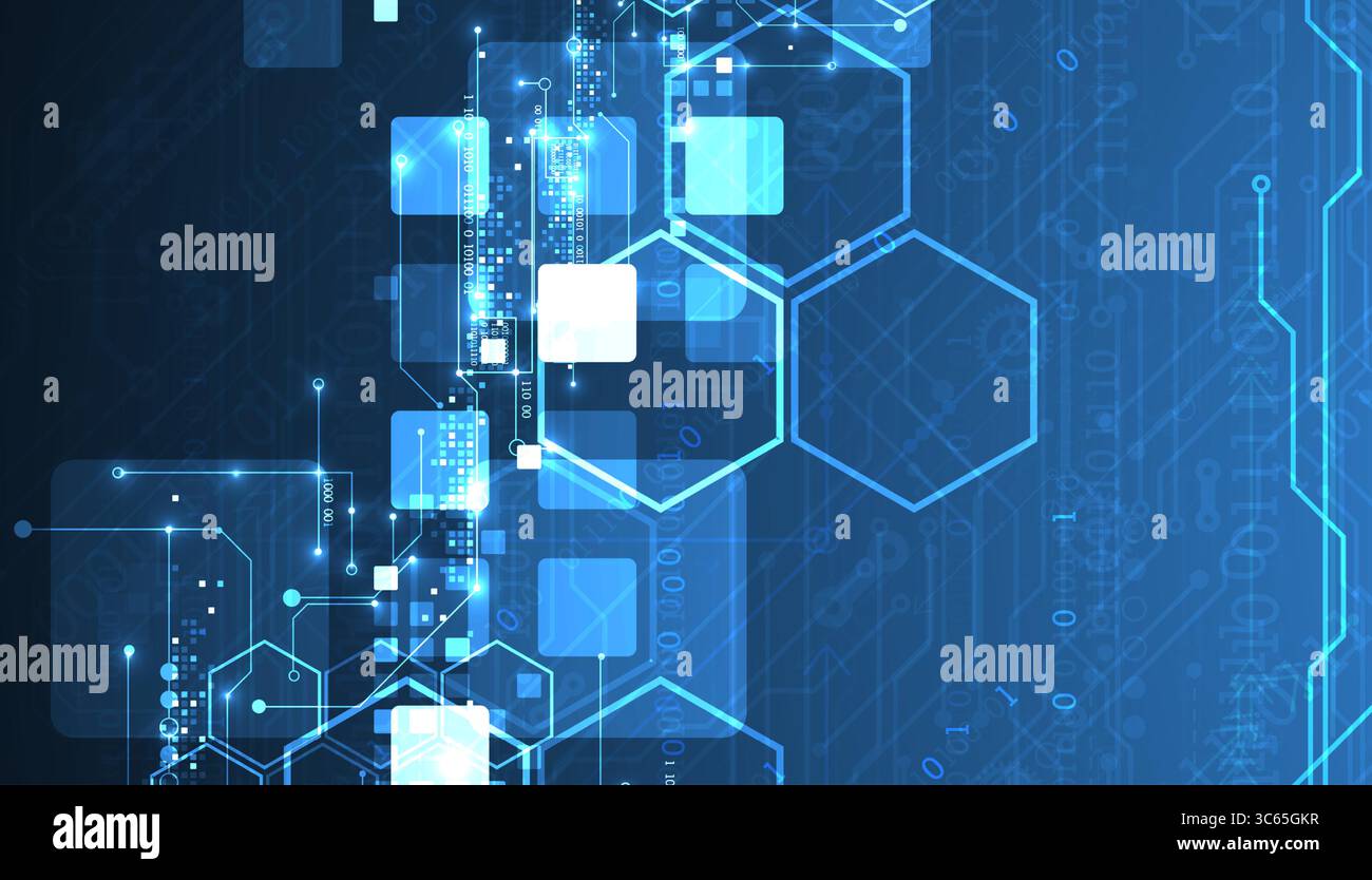 A technical background using technological lines, squares, and hexagons combined into an art composition. Vector Stock Vector