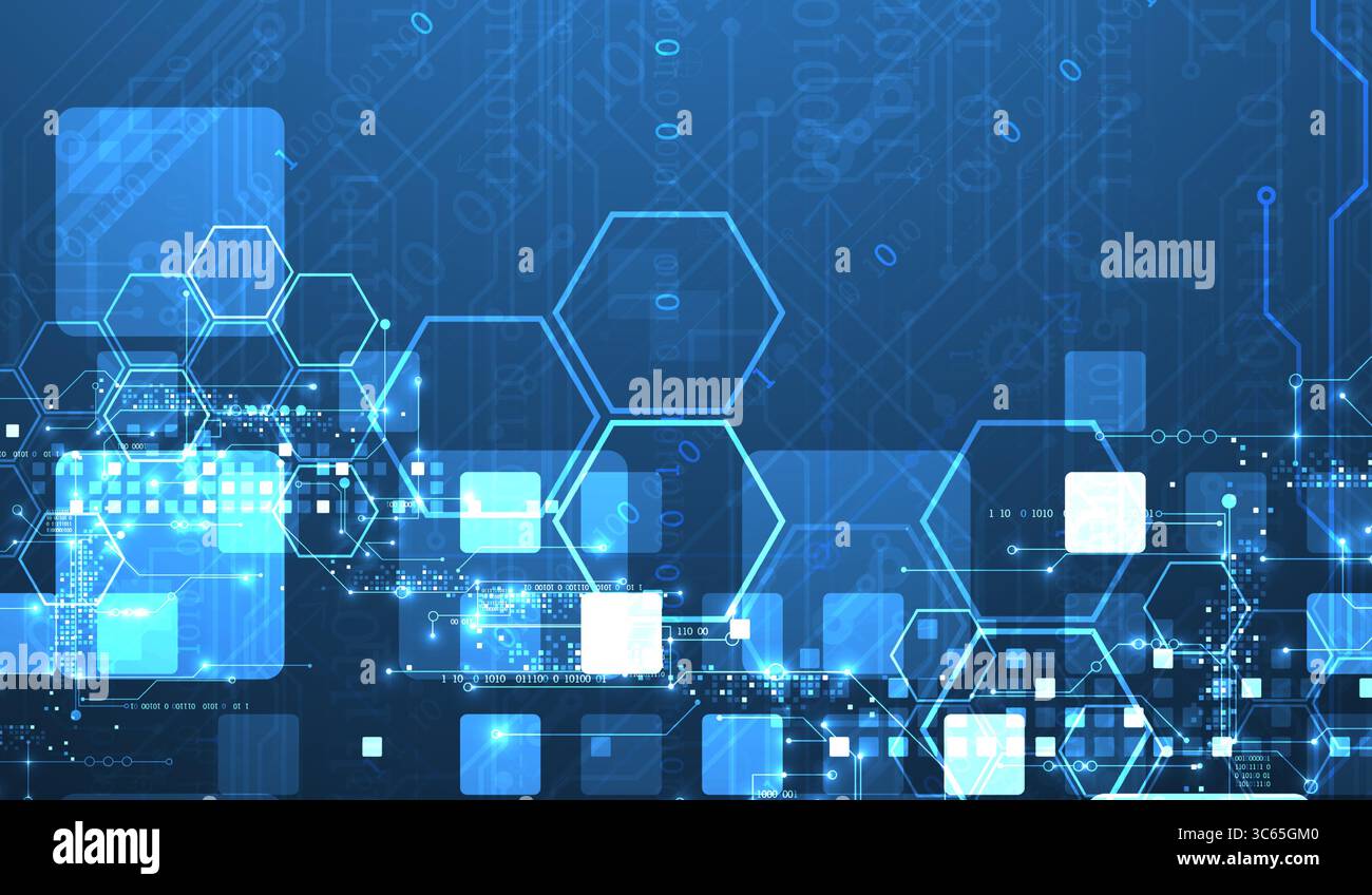 A technical background using technological lines, squares, and hexagons combined into an art composition. Vector Stock Vector