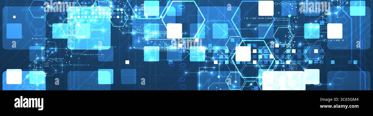 A technical background using technological lines, squares, and hexagons combined into an art composition. Vector Stock Vector