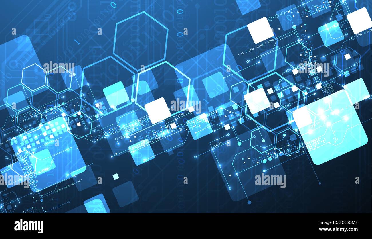 A technical background using technological lines, squares, and hexagons combined into an art composition. Vector Stock Vector
