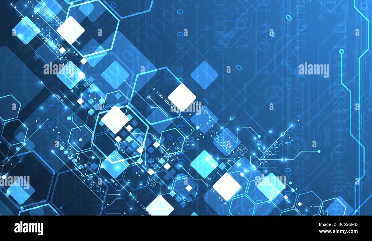 A technical background using technological lines, squares, and hexagons combined into an art composition. Vector Stock Vector