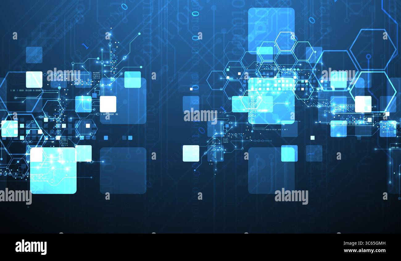 A technical background using technological lines, squares, and hexagons combined into an art composition. Vector Stock Vector