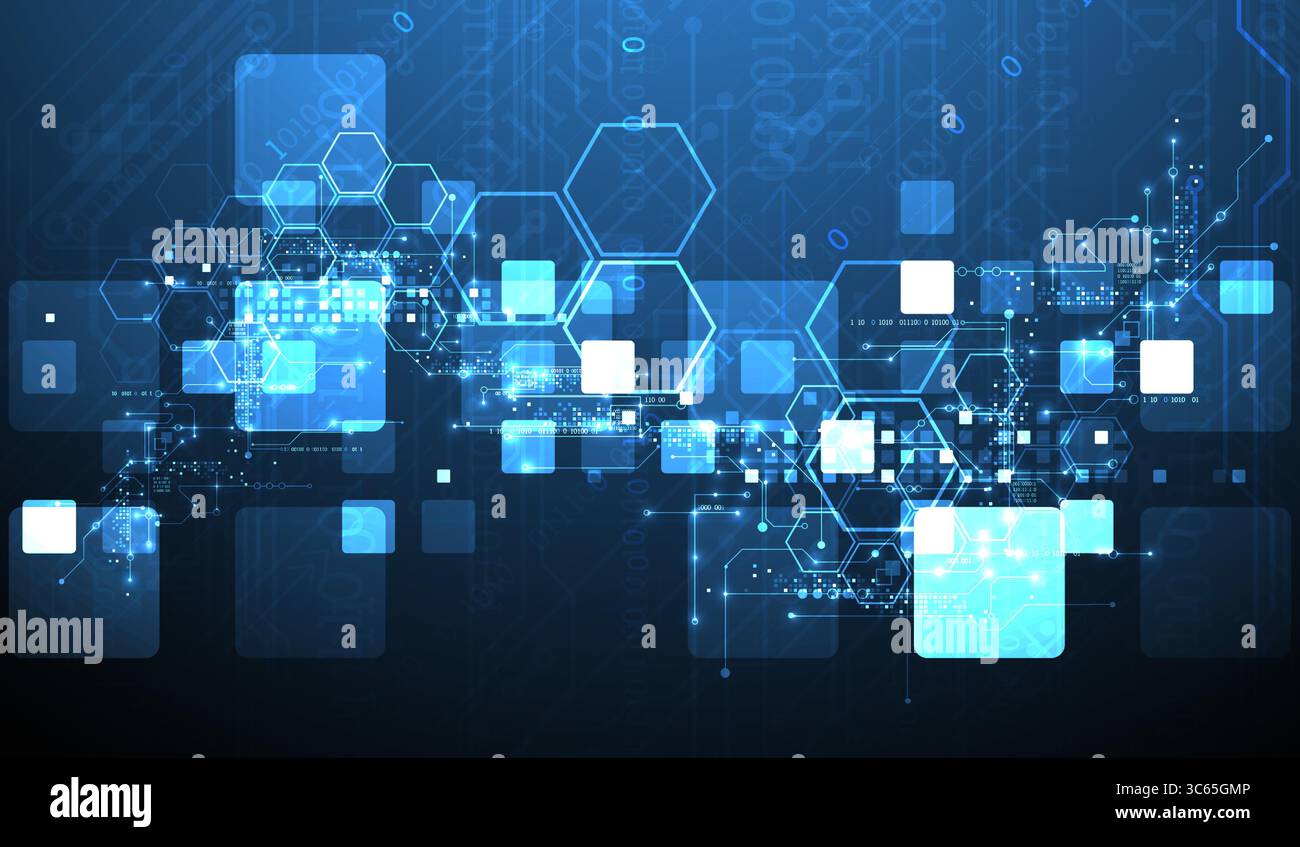 A technical background using technological lines, squares, and hexagons combined into an art composition. Vector Stock Vector