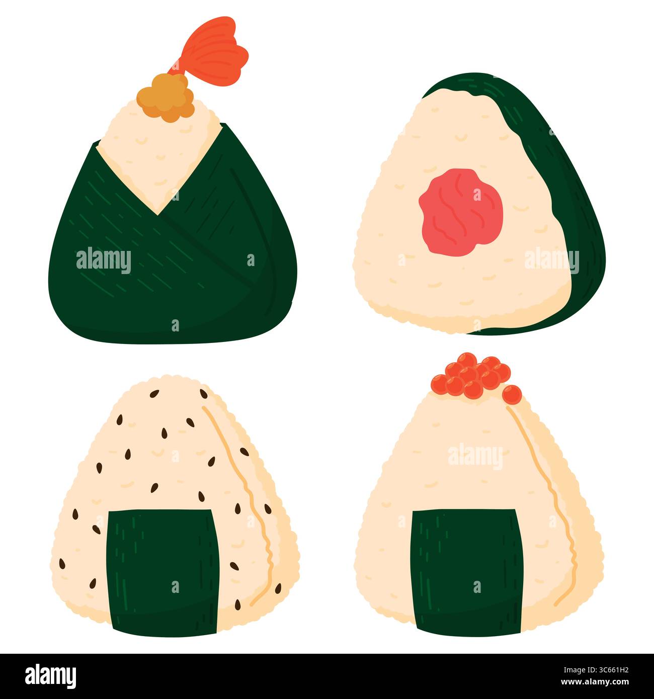 Stuffed Rice Triangles Set of onigiri. Japanese fast food made of rice with stuffing, molded ...