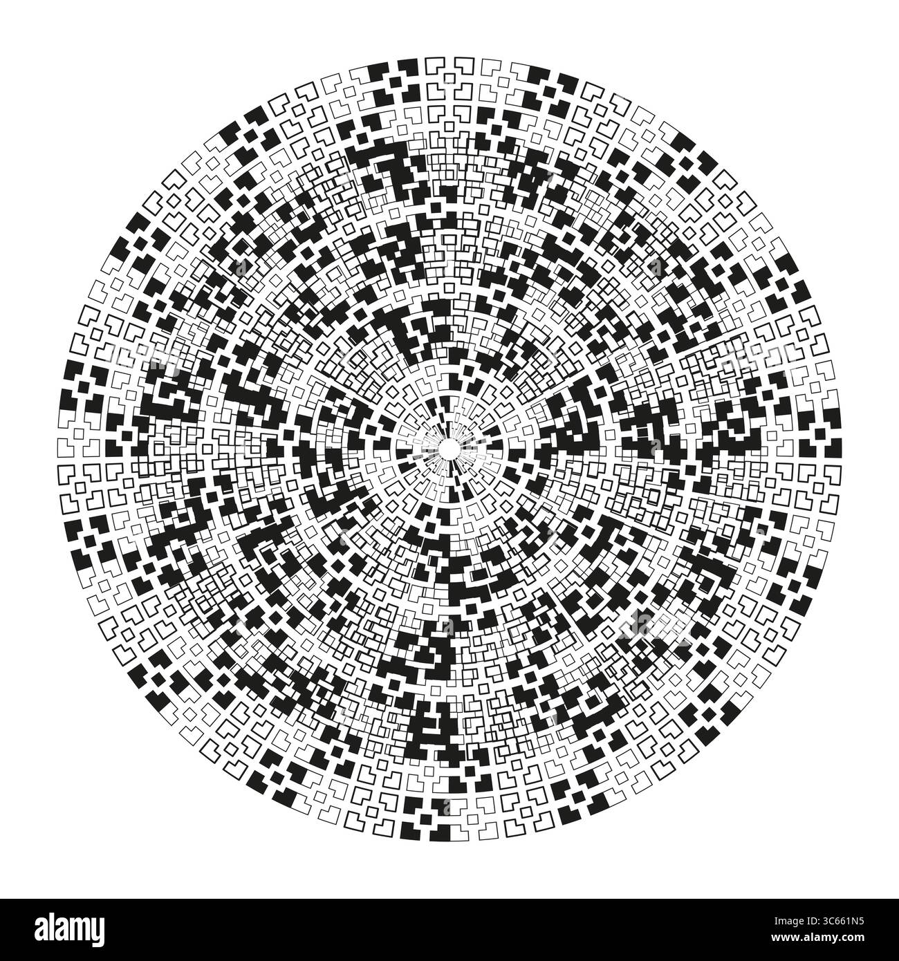 Concentric square pattern. Abstract geometric circle. Monochrome pixel Vector. Digital radial texture. EPS 10. Stock Vector