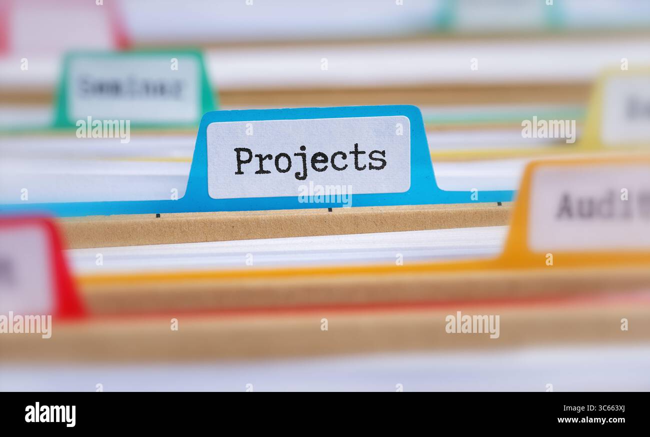 File folders with a tab labeled Projects Stock Photo