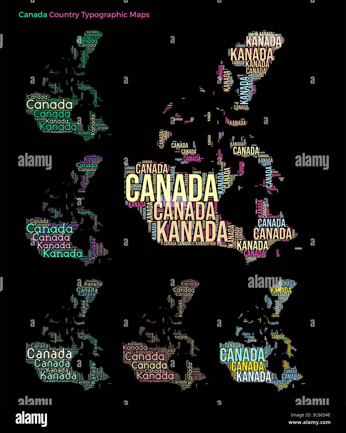 Set of typography style country illustrations. Canada map shape build ...