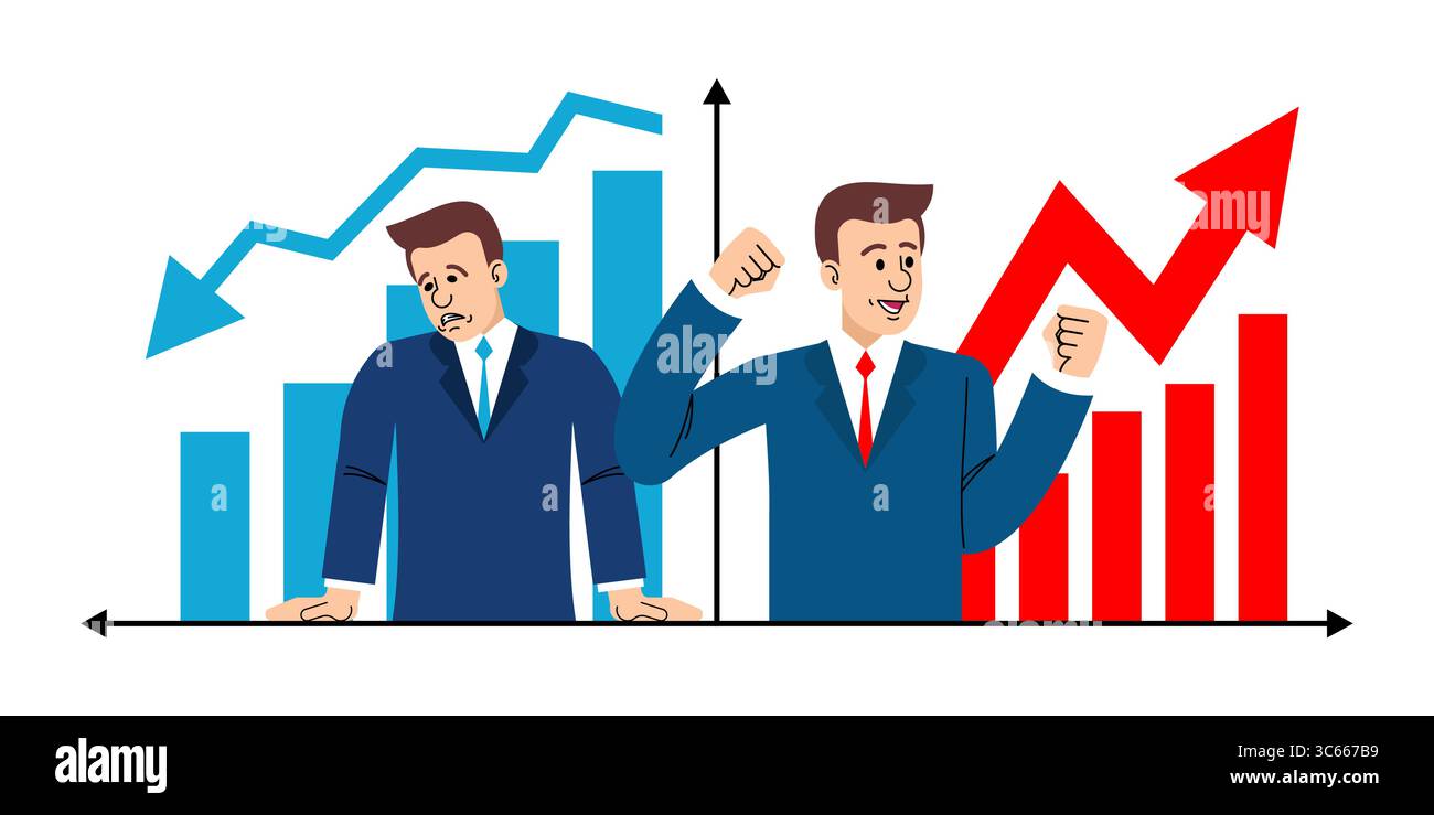 Two businessmen stand before a fluctuating financial chart — one celebrating success, the other frustrated by loss. Represents business ups and downs. Stock Vector
