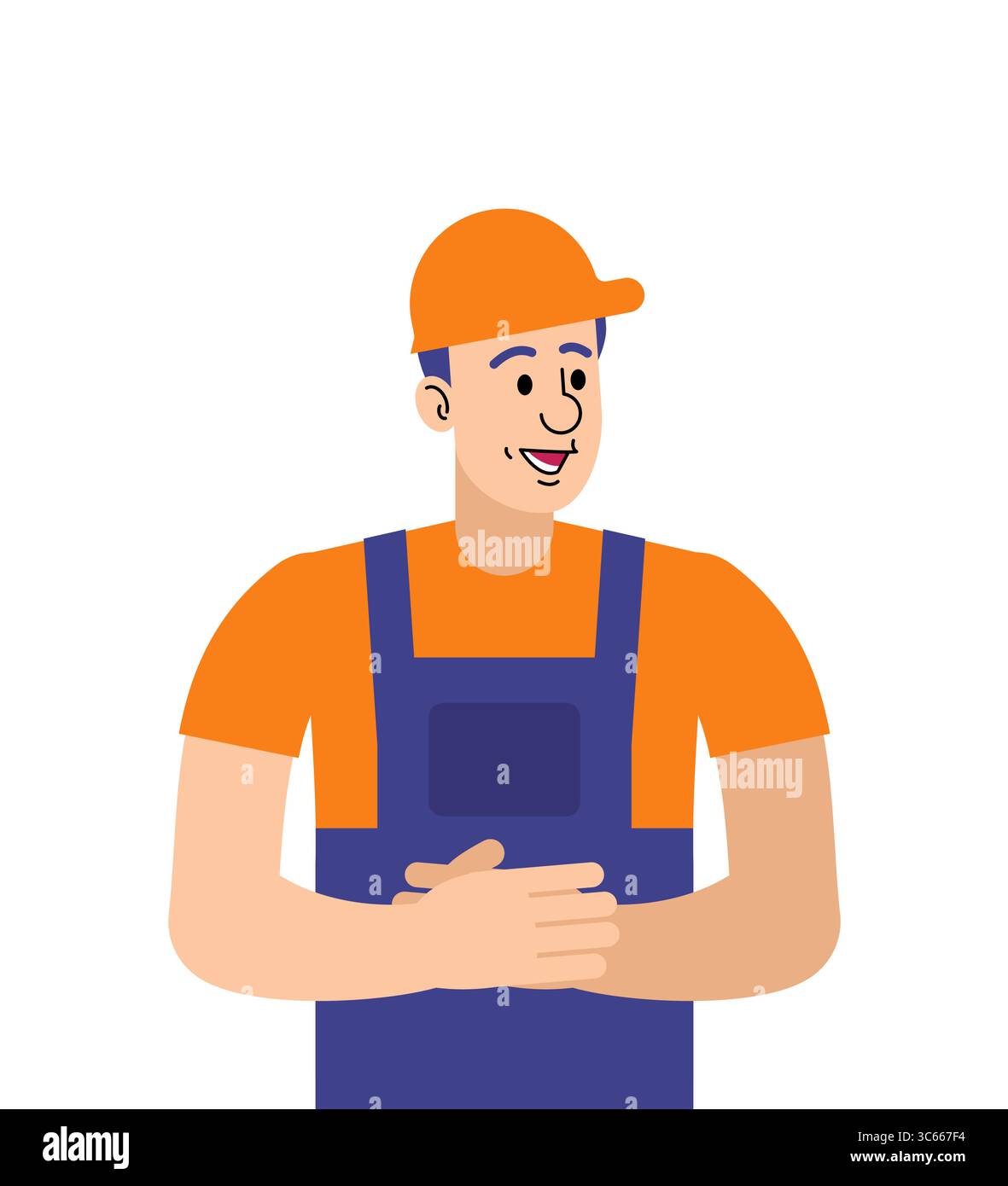 male construction worker wearing a yellow helmet and uniform. Represents manual labor, workplace safety, logistics, warehouse, or engineering professi Stock Vector