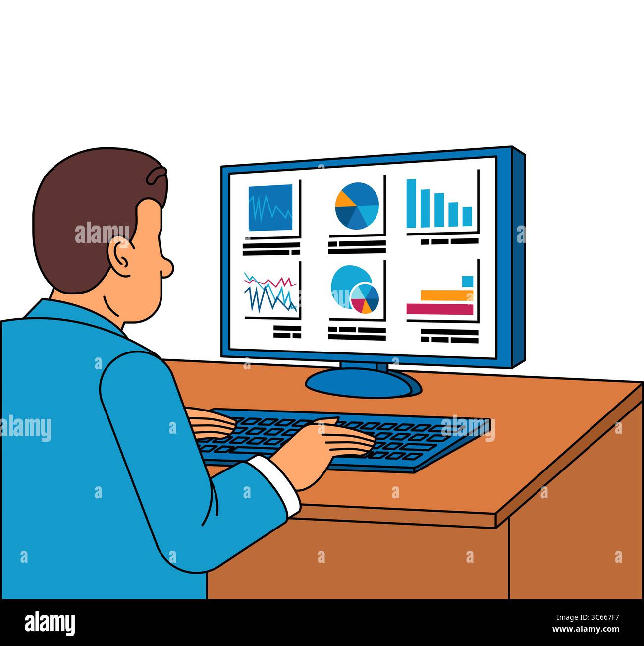 Man analyzing data on a computer screen. Suitable for analytics, data science, and business themes. Stock Vector