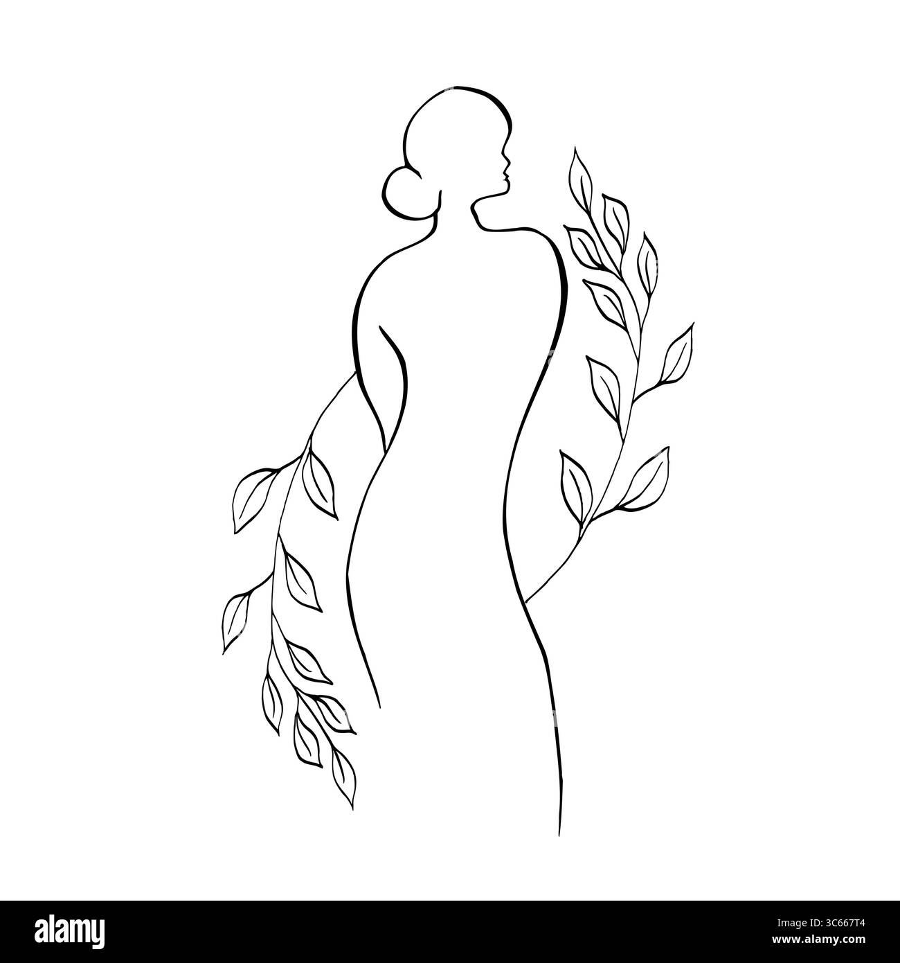 Vector Elegant female with leaves. Hand painted linear contour branch. Graphic clipart isolated. Botanical, tattoo and wedding illustration. For Stock Vector