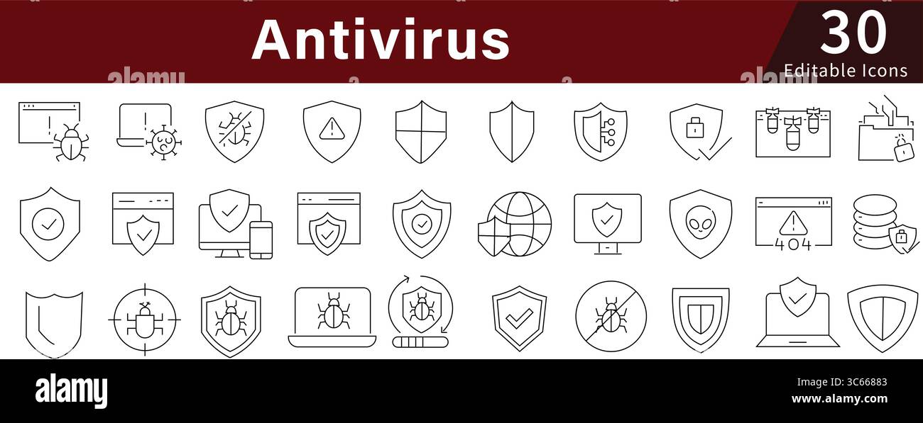 Antivirus Editable Line Icons Set for Security, Protection, Cyber, and Digital Safety Software Stock Vector