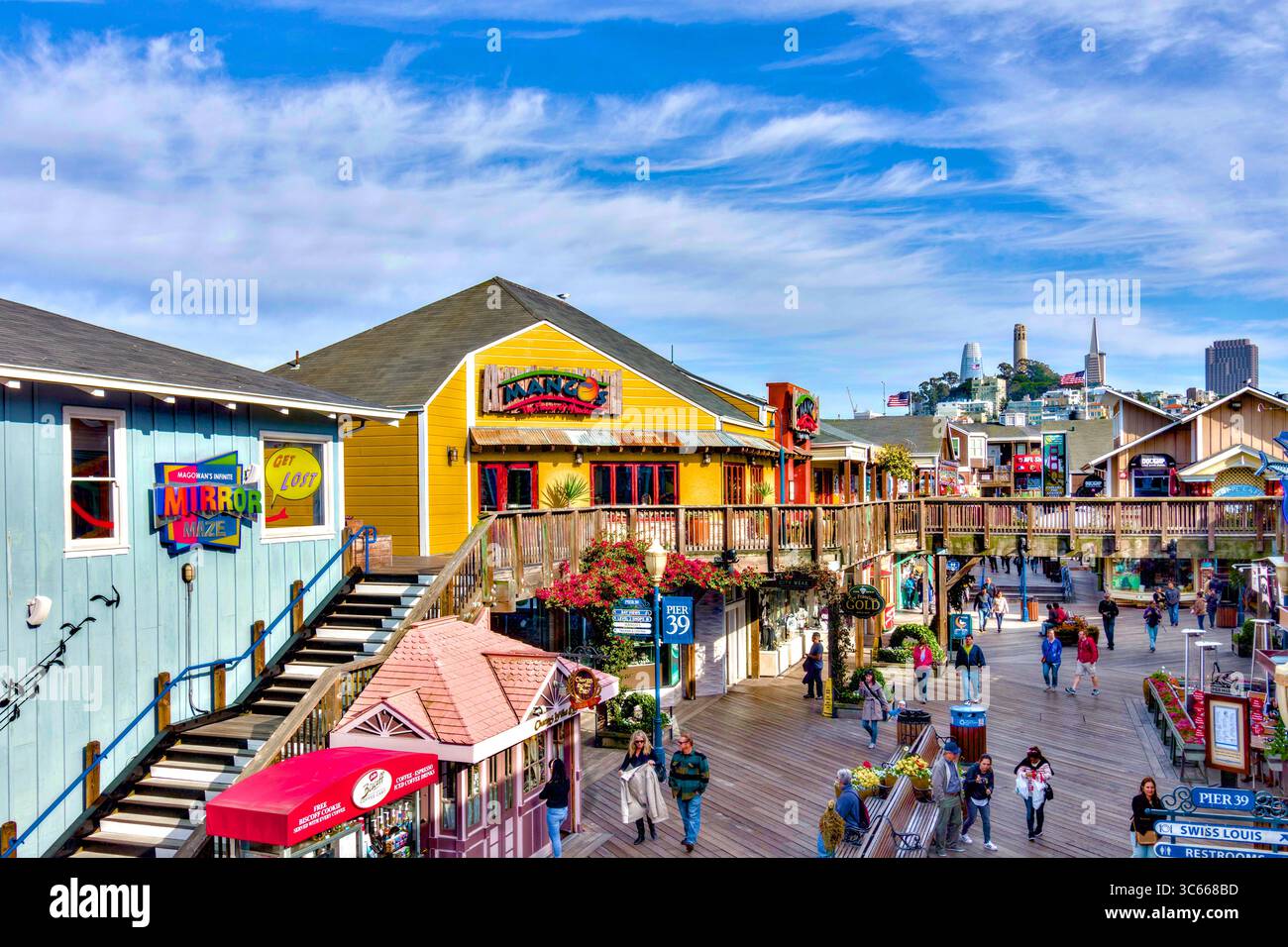 Gift shops and restaurants on the famous tourist attraction "Pier 39" in San Francisco, California, USA. Stock Photo