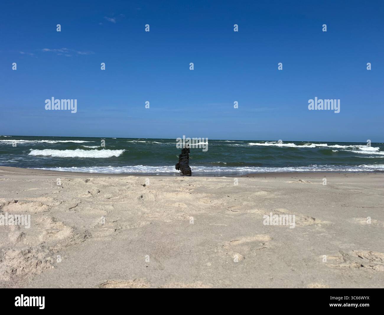 Raw photo of Baltic Sea beach in Preila, Curonian Spit, showing sand, sea, sky, and wooden wave breaker Natural abstract low-angle coastal composition - Smartphone Captured Stock Image