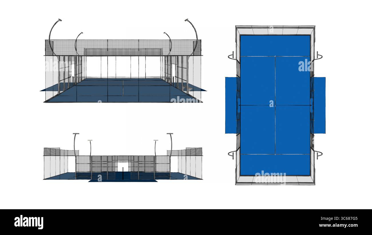 Padel Net Side View Illustration 3d Blue Padel Court Set. Front, Side, and Top View ...