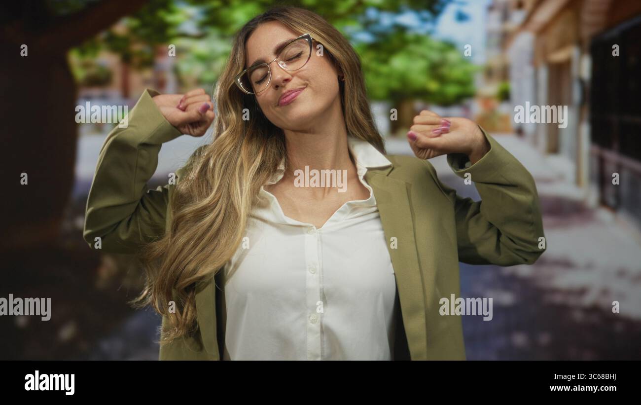 Morning Routine Glasses Woman with glasses in business suit yawns covering mouth on a downtown ...